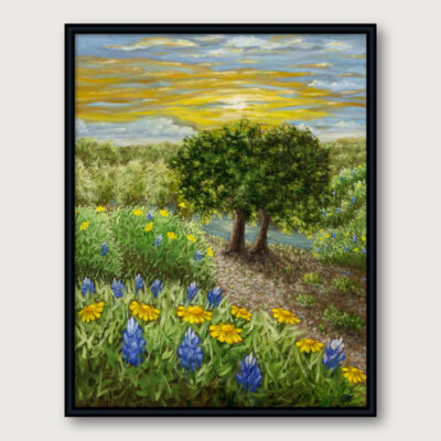 Texas wildflower landscape print with bluebonnets and trees by water