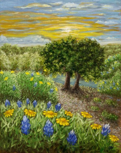 Texas wildflower landscape print with bluebonnets and trees by water