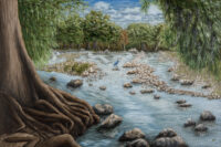 Along The Guadalupe - Texas river landscape oil painting with heron and cypress trees