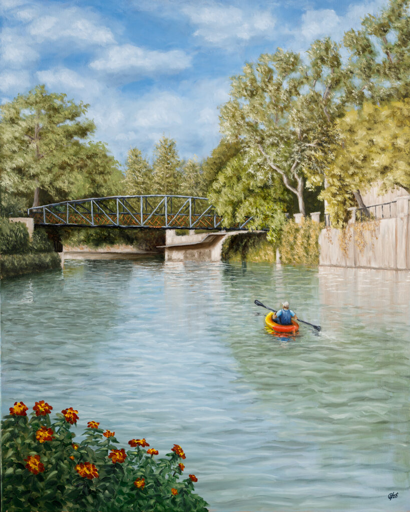 Oil painting of a kayaker drifting beneath the Johnson Street Bridge on the San Antonio River, surrounded by soft light and quiet water.